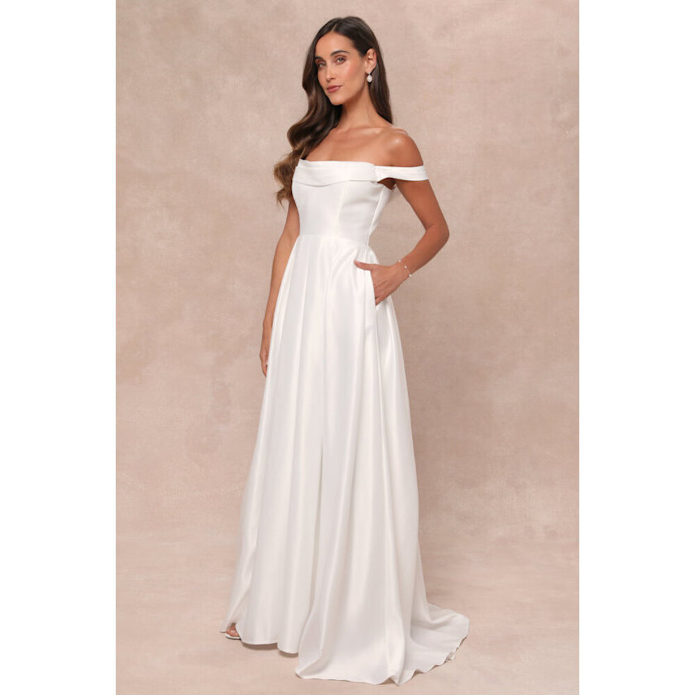 Lulus Extraordinary Vow White Off-the-shoulder Maxi Dress With Pockets - Size L